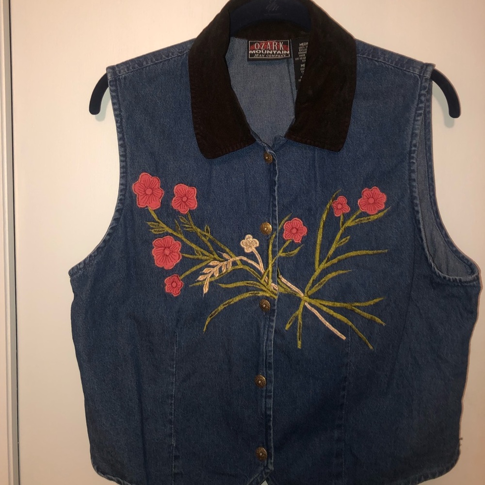 Embroidered Jean Vest with Velvet Collar
